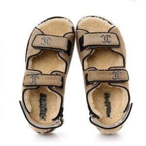 New Chanel Calf Hair Suede Shearling Dad Sandals Size 38 Beige